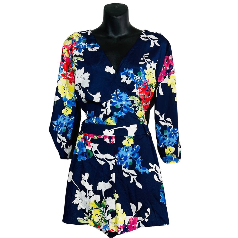 NEW! Yumi Kim Romper Long Sleeve Floral Navy Blue V Neck Formal Shorts - L
